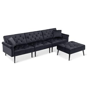 ivinta convertible velvet sofa couch, sectional sofa with ottoman, mid-century upholstered comfy sofa bed, queen sleeper sofa for 4-seater, modular sofa for living room (black)