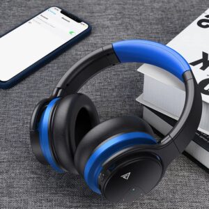 e7 basicb active noise cancelling bluetooth wireless over ear headphones with mircophone, 30h playtime,deep bass, comfortable protein earpads, for travel, home, office (blue+black)