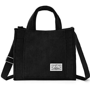 corduroy tote bag for women small satchel bag mini tote bag aesthetic crossbody bag handbag - school work travel shopping(black)