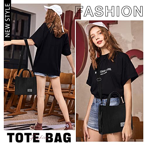 Corduroy Tote Bag for Women Small Satchel Bag Mini Tote Bag Aesthetic Crossbody Bag Handbag - School Work Travel Shopping(Black)