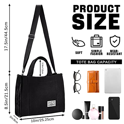 Corduroy Tote Bag for Women Small Satchel Bag Mini Tote Bag Aesthetic Crossbody Bag Handbag - School Work Travel Shopping(Black)