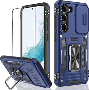 samsung galaxy s23 plus case with slide camera cover and screen protector (6.6-inch),military grade cover [screen&camera protection][rotated ring kickstand] heavy duty shockproof protective case-blue
