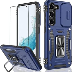 Samsung Galaxy S23 Plus Case with Slide Camera Cover and Screen Protector (6.6-Inch),Military Grade Cover [Screen&Camera Protection][Rotated Ring Kickstand] Heavy Duty Shockproof Protective Case-Blue