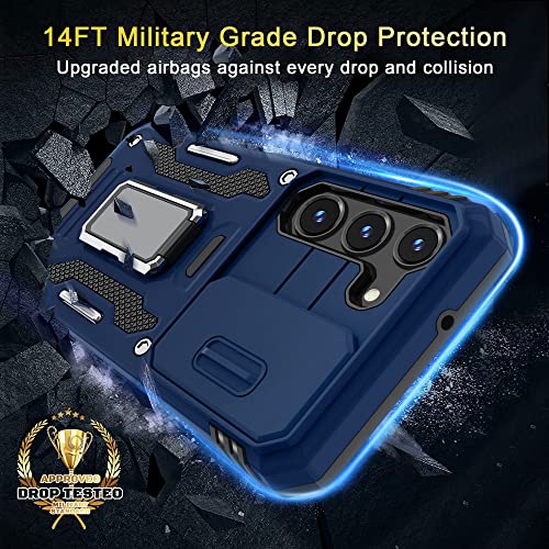 Samsung Galaxy S23 Plus Case with Slide Camera Cover and Screen Protector (6.6-Inch),Military Grade Cover [Screen&Camera Protection][Rotated Ring Kickstand] Heavy Duty Shockproof Protective Case-Blue