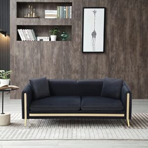homsof 77.2” modern upholstered velvet sofa couch with removable cushions side pocket gold metal legs, 2 pillows included, black(3-seater)