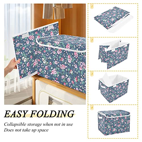 Cute Trendy Floral Flower Foldable Storage Bins with Lids Decorative Storage Box Container for Home Bedroom Office