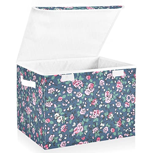 Cute Trendy Floral Flower Foldable Storage Bins with Lids Decorative Storage Box Container for Home Bedroom Office