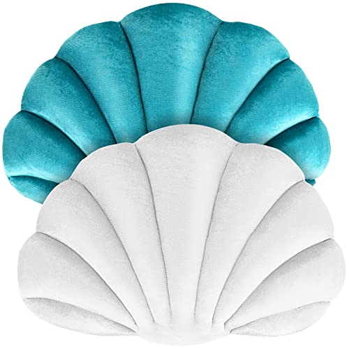 2 Pcs Seashell Pillow Soft Shell Pillow Seashell Shaped Accent Throw Pillows Cute Decorative Pillow Cushion for Couch Bed Sofa Living Room Bedroom Room Decor, White, Light Blue, 15.8 x 9.8 Inch