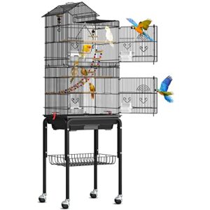 YITAHOME 62 inch Metal Bird Cage, Large Parakeet Cages for Parrot, Cockatiel, Lovebird, Pigeon with Roof Top, Rolling Stand and Hanging Toys