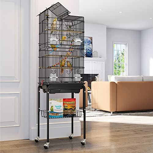 YITAHOME 62 inch Metal Bird Cage, Large Parakeet Cages for Parrot, Cockatiel, Lovebird, Pigeon with Roof Top, Rolling Stand and Hanging Toys