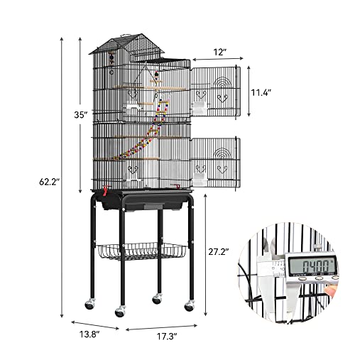 YITAHOME 62 inch Metal Bird Cage, Large Parakeet Cages for Parrot, Cockatiel, Lovebird, Pigeon with Roof Top, Rolling Stand and Hanging Toys