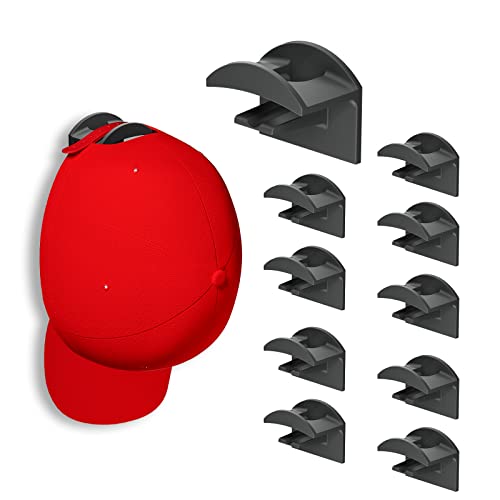 10 Pack Hat Rack, Hat Hanger and Hook, No Drilling and Wall Storage - Hat Holder Fits Baseball Caps and Hat of All Size - Easy to Install Hat Rack Wall Mount,Hat Holder Organizer for Bedroom - Black