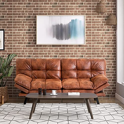 Opoiar Mid-Century Modern Brown Leather Convertible Sectional Loveseat Sofa with Wooden Frame, 3" Memory Foam Cushions, Perfect for Small Spaces / 71", Twin