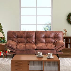 Opoiar Mid-Century Modern Brown Leather Convertible Sectional Loveseat Sofa with Wooden Frame, 3" Memory Foam Cushions, Perfect for Small Spaces / 71", Twin