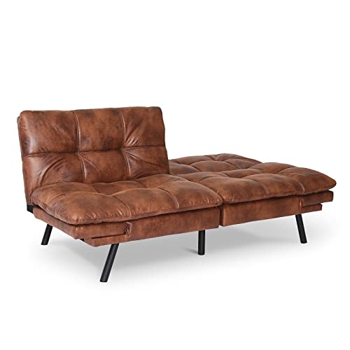 Opoiar Mid-Century Modern Brown Leather Convertible Sectional Loveseat Sofa with Wooden Frame, 3" Memory Foam Cushions, Perfect for Small Spaces / 71", Twin