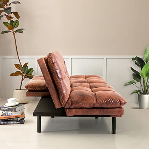 Opoiar Mid-Century Modern Brown Leather Convertible Sectional Loveseat Sofa with Wooden Frame, 3" Memory Foam Cushions, Perfect for Small Spaces / 71", Twin