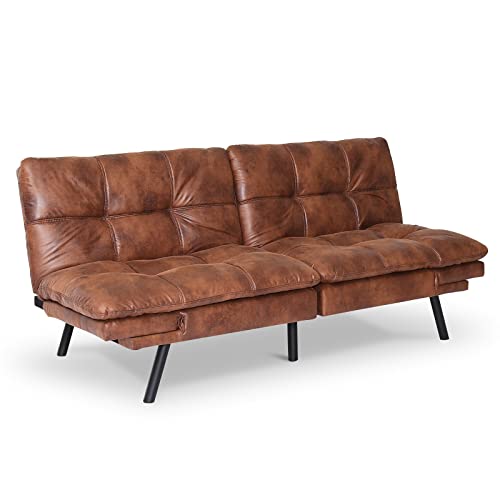 Opoiar Mid-Century Modern Brown Leather Convertible Sectional Loveseat Sofa with Wooden Frame, 3" Memory Foam Cushions, Perfect for Small Spaces / 71", Twin