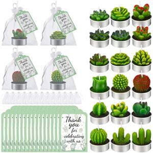 18 pcs succulent cactus candles bulk succulent candle scented tealight candles succulent decorative tealights 20 thank you gift tag 20 organza bags for gifts party favors baby shower (green card)