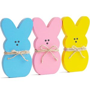 easter decorations 3pcs bunny table wooden signs with jute rope pink blue yellow adorable easter bunny decor for girls easter gifts easter party decorations for home spring office