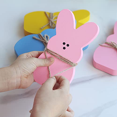 Easter Decorations 3Pcs Bunny Table Wooden Signs with Jute Rope Pink Blue Yellow Adorable Easter Bunny Decor for Girls Easter Gifts Easter party decorations for Home Spring Office