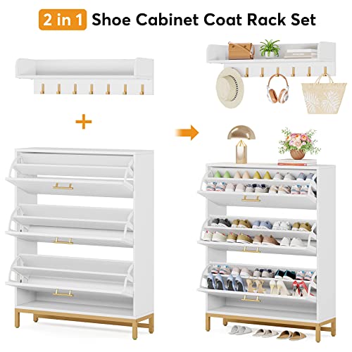 Tribesigns Shoe Cabinet, Shoe Storage Cabinet with Wall Mounted Coat Rack, Modern Shoes Organizer Cabinets with 3 Flip Drawers, White and Gold Shoe Cabinet for Entryway