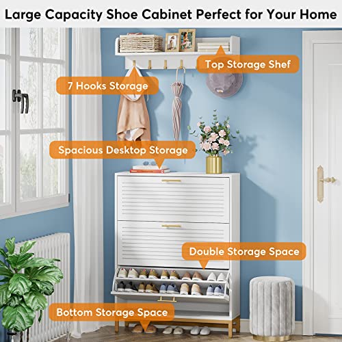 Tribesigns Shoe Cabinet, Shoe Storage Cabinet with Wall Mounted Coat Rack, Modern Shoes Organizer Cabinets with 3 Flip Drawers, White and Gold Shoe Cabinet for Entryway