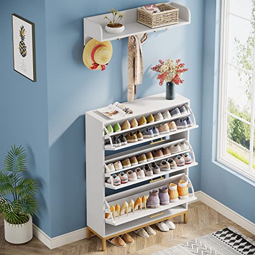 Tribesigns Shoe Cabinet, Shoe Storage Cabinet with Wall Mounted Coat Rack, Modern Shoes Organizer Cabinets with 3 Flip Drawers, White and Gold Shoe Cabinet for Entryway