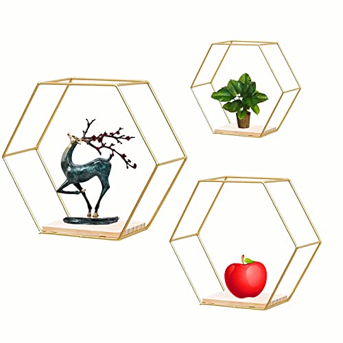 ZUIDSYI Wall Mounted Hexagon Floating Shelves, Metal Framed Gold Shelf with Wooden Wall Floor Storage Shelves, Modern Wall Decor for Living Room, Bedroom, Kitchen, Office, Set of 3 Size