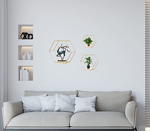 ZUIDSYI Wall Mounted Hexagon Floating Shelves, Metal Framed Gold Shelf with Wooden Wall Floor Storage Shelves, Modern Wall Decor for Living Room, Bedroom, Kitchen, Office, Set of 3 Size