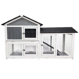 lifeand rabbit hutch chicken coops bunny cage with pull out tray, ramp, lockable doors,two run cage outdoor wooden small animal house,gray