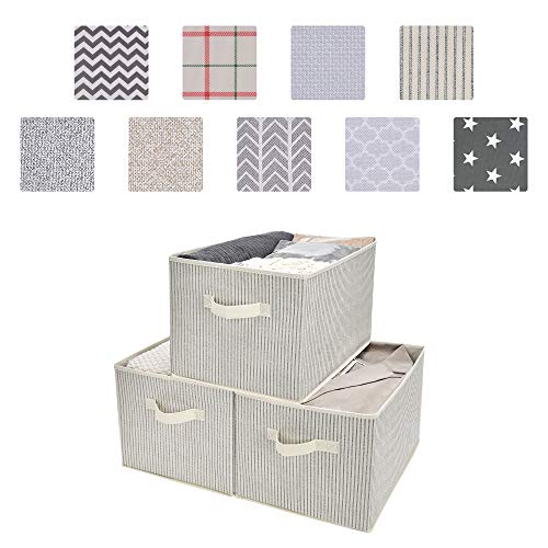 GRANNY SAYS Closet Storage Bins, Jumbo Closet Organizers and Storage, Fabric Storage Bin for Closet Organization, Clothing Storage Baskets for Organizing Linen Toy, Tan with Gray Stripes, 3-Pack