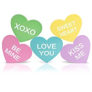 anydesign 5pcs valentine's day wooden decor macaroon colorful heart shape tabletop centerpieces love you be mine xoxo printed wood sign for wedding anniversary tiered tray home shelf display supplies