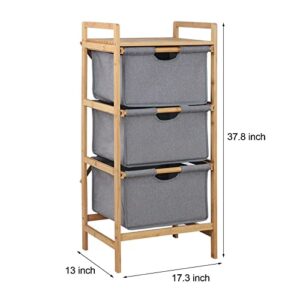 3 Section Freestanding Bamboo Laundry Organizer Divided Clothes Basket Sorter Organizer with Pull Out Hamper Drawers for Bedroom Laundry Room Towel