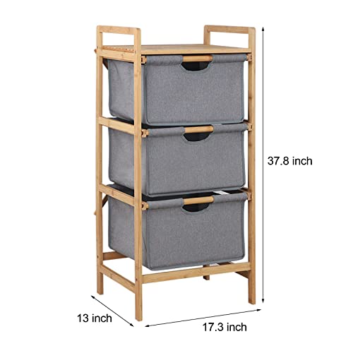 3 Section Freestanding Bamboo Laundry Organizer Divided Clothes Basket Sorter Organizer with Pull Out Hamper Drawers for Bedroom Laundry Room Towel