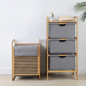 3 Section Freestanding Bamboo Laundry Organizer Divided Clothes Basket Sorter Organizer with Pull Out Hamper Drawers for Bedroom Laundry Room Towel