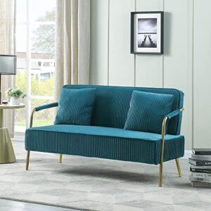 homtique loveseat sofa couch, mid-century modern velvet love seat pleated upholstered with 2 pillows and metal legs, 56" small couches for small spaces living room, bedroom (teal)
