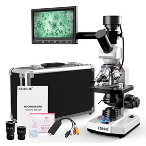 microscope for adults with 40x-2500x magnification,dual-view lab compound monocular microscopes with adjustable thermostat mechanical stage, wf10x/25x eyepiece, 7'' lcd screen, built in 5mp camera