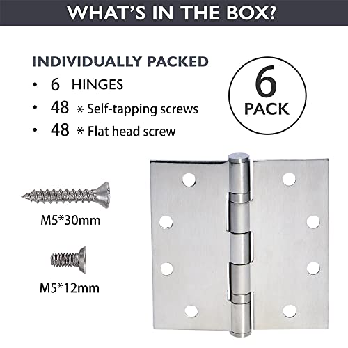 6-Pack Heavy Duty Commercial Door Hinge with Silent Steel Plain Ball Bearing, 4.5 inch X 4.5 inch, Thickness 3 mm Stainless Steel, Square Corners with 48 Screws, Super Bearing Capacity