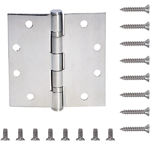 6-Pack Heavy Duty Commercial Door Hinge with Silent Steel Plain Ball Bearing, 4.5 inch X 4.5 inch, Thickness 3 mm Stainless Steel, Square Corners with 48 Screws, Super Bearing Capacity