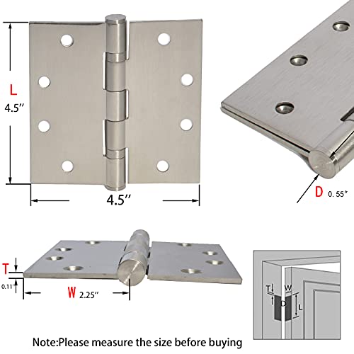 6-Pack Heavy Duty Commercial Door Hinge with Silent Steel Plain Ball Bearing, 4.5 inch X 4.5 inch, Thickness 3 mm Stainless Steel, Square Corners with 48 Screws, Super Bearing Capacity