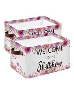 large capacity storage bins 2pcs welcome to the shitshow purple watercolor floral storage cubes, collapsible storage baskets for organizing for bedroom living room shelves home 15x11x9.5 in
