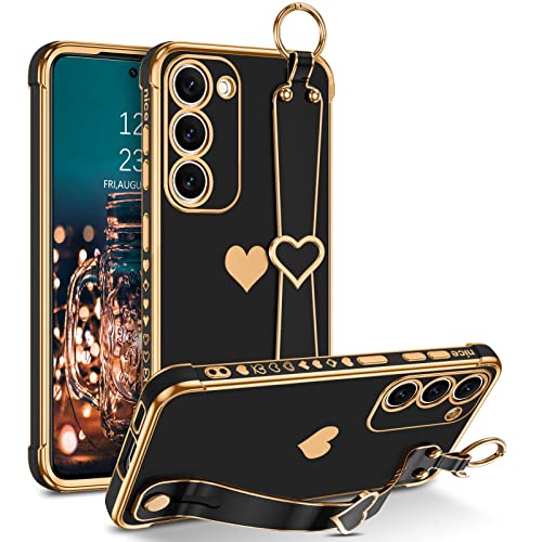 BENTOBEN Galaxy S23 Case, Phone Case Samsung S23 6.1", Slim Thin Shockproof Kickstand Holder Protective Soft TPU Bumper Drop Protection Cute Heart Girls Women Boys Men Samsung S23 Cover, Black/Gold