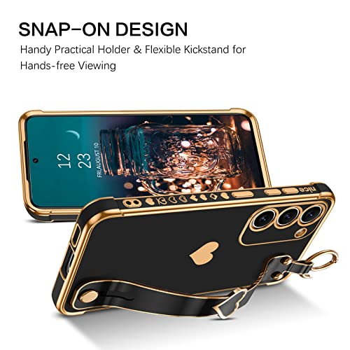 BENTOBEN Galaxy S23 Case, Phone Case Samsung S23 6.1", Slim Thin Shockproof Kickstand Holder Protective Soft TPU Bumper Drop Protection Cute Heart Girls Women Boys Men Samsung S23 Cover, Black/Gold