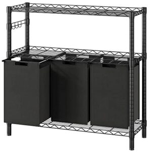 laundry sorters with 3 x 45l laundry bags & 2 tier adjustable storage shelf, pull-out and removable oxford fabric laundry baskets, black