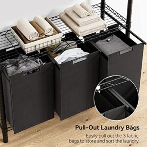 Laundry Sorters with 3 X 45L Laundry Bags & 2 Tier Adjustable Storage Shelf, Pull-Out and Removable Oxford Fabric Laundry Baskets, Black