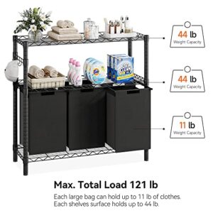 Laundry Sorters with 3 X 45L Laundry Bags & 2 Tier Adjustable Storage Shelf, Pull-Out and Removable Oxford Fabric Laundry Baskets, Black