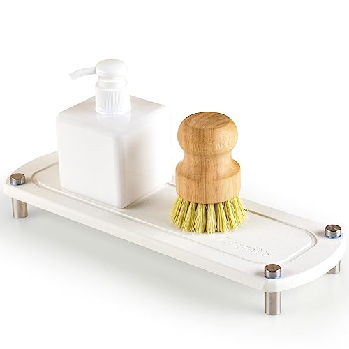 Zrfmib Sink Caddy, Instant Dry Sink Organizer, Natural Diatomite Stone Sink Tray for Soap Holder Dispenser, Sponge Brush and Toothbrush Cup, Modern Home Design, Suitable for Bathroom and Kitchen,White