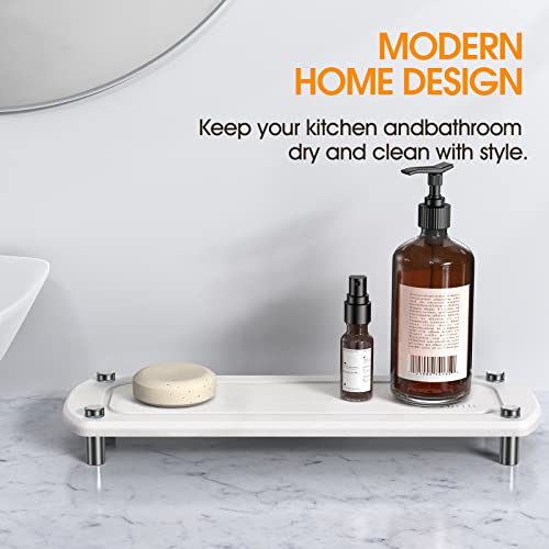 Zrfmib Sink Caddy, Instant Dry Sink Organizer, Natural Diatomite Stone Sink Tray for Soap Holder Dispenser, Sponge Brush and Toothbrush Cup, Modern Home Design, Suitable for Bathroom and Kitchen,White