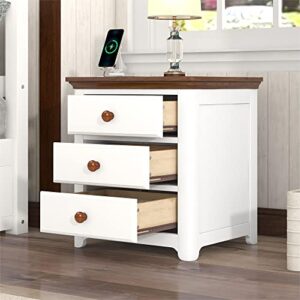flieks wooden nightstand with usb charging ports and three drawers,end table for bedroom,white+walnut