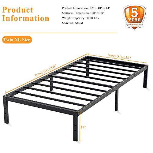 HISKIWUU Twin XL Bed Frame Heavy Duty 3000lbs 14 Inches,XL Twin Bed Frame Easy to Assemble Anti-Slip Noise Free,Bed Frame Twin XL No Box Spring Needed,Under Bed Storage,Black